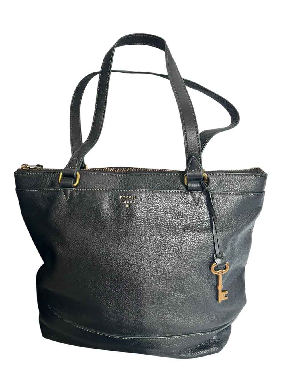 Fossil Large Black Shoulder Tote Bag Cowhide Leather Issue 1954 W/Key Purse